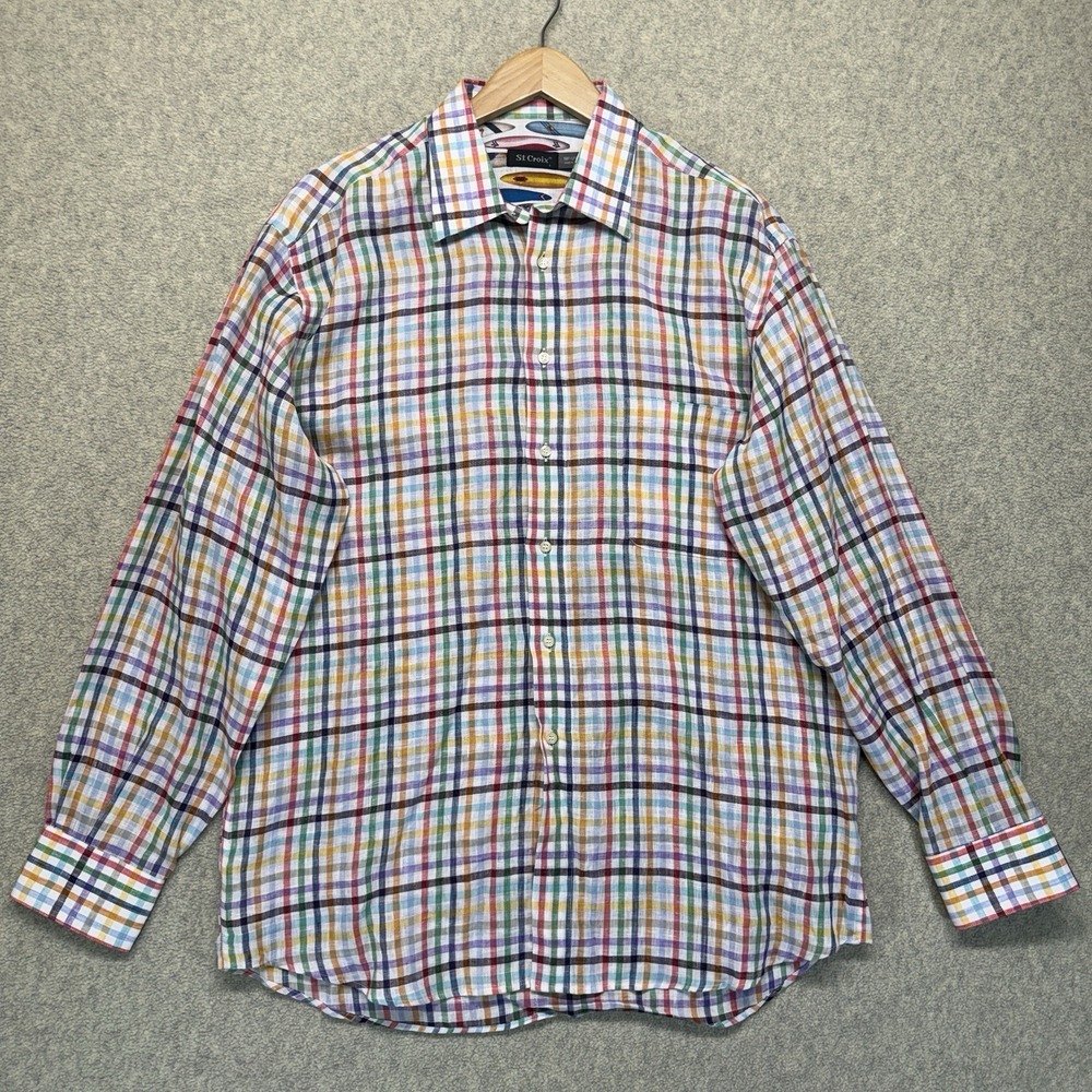 St Croix Mens XXL 100% Linen Shirt Multicolor Plaid Button Front Made In Italy